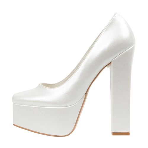 miss left Women Stylish Chunky High Heel Platform Pumps Closed Square Toe Slip on Elegant Prom Evening Dress Formal Shoes Size 4-16 US2