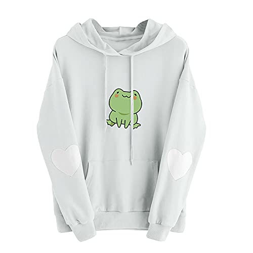 Fall Clothes for Women Sweaters, Womens Long Sleeve Heart Hoodie Sweatshirt Jumper Hooded Pullover Tops BlouseGirls' Comfortable Plus Size Frog Women's Long Sleeve Tops White