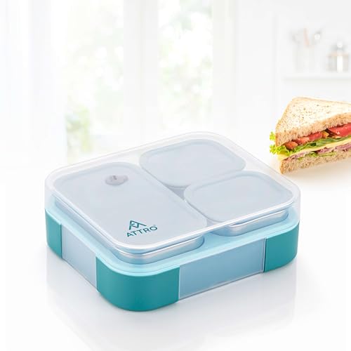 Image of ATTRO Admire 3 Compartment Stainless Steel Lunch Box BPA Free, Durable & Lightweight, Easy to Carry, Compact Design Ideal for School, Office, College & Travel-Aqua Blue- 800ml