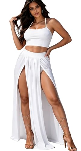 Image of Women Sexy 2 Piece Outfits Dress Chiffon Strap Deep V Neck Bra Crop Top High Split Maxi Dresses Skirt Set