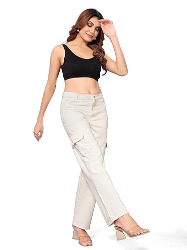 Image of ELLITI Women's 6 Pocket Regular Fit High Rise Relaxed /Boyfriend Fit, Wide Leg, Bell Bottom, Pure Denim Ankle Length Jeans Pants
