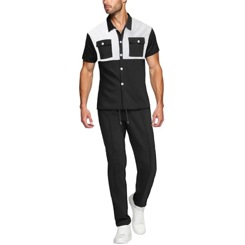 Ensemble chemise et pantalon homme noir XL à manches courtes et boutons carrés