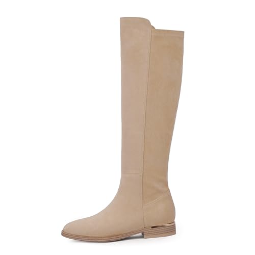 Image of Modatope Rounded Toe Flat Stretchy Dress Knee High Boots Side Zipper | Suede Elastic Fall Winter Boots, Low Chunky Block Heel Riding Boots,2026 Fashion Womens Tall Long Boots