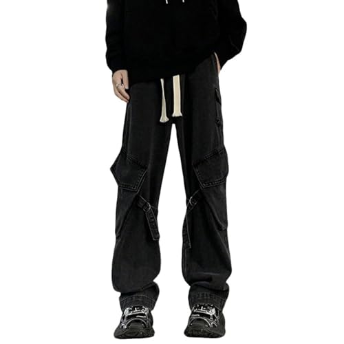 Men's Denim Trousers with Elastic Waist Drawstring Loose Fit Casual Straight Design Wide-Leg Denim Cargo Pants