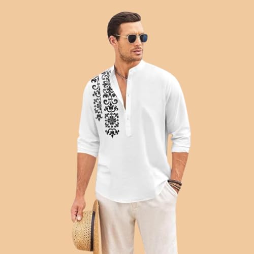 Image of FINIVO FASHION Men's Cotton Blend Short Kurta Shirt | Casual Ethnic Wear with Roll-Up Sleeves & Mandarin Collar | Comfortable Fit Tunic for Festive, & Summer Outings