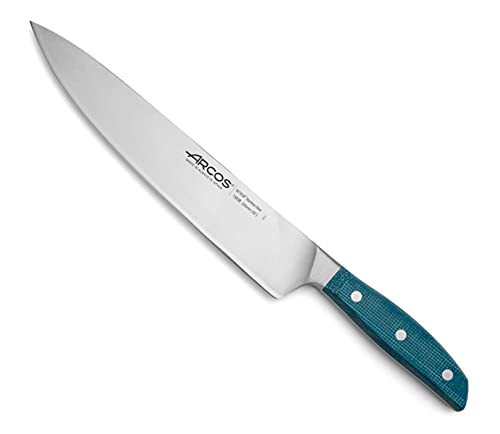 Arcos Cuchillo Chef Forjado Acero Inoxidable Tamaño. Mango Profesional Micarta y BorSeda Especial con Hoja Plateada 250 mm. Impresiona yorprencon Cada Corte. Serie Brooklyn. Color Azul.