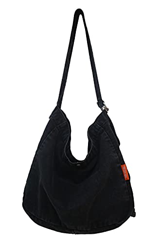 Women Retro Denim Canvas Tote Bag Large Capacity Shoulder Handbag Lightweight Crossbody Bag with Wide Strap