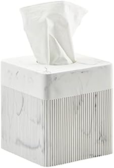 White Tissue Box Cover Square Resin Tissue Holder for Home Decor, Hand Poured Marble Ribbed Cube Tissue Box Holder – 5.5 Inch Heavy Duty Luxury Tissue Box Case for Bathroom, Living Room, Office
