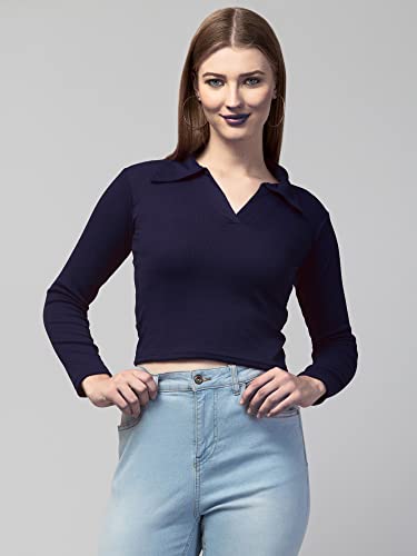 Image of Ribbed Polo Collar Full Sleeves Tops for Women