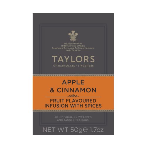 Taylors of Harrogate Apple & Cinnamon, Herbal Tea, Individually Wrapped Bags, 20 Count (Pack of 1), Spiced, Fruity & Sweet, Caffeine-Free, Enjoy Hot or Iced, 20 Teabags