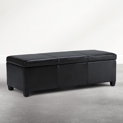 Image of SIMPLIHOME Avalon 48 inch Wide Vegan Leather Ottoman in Carbon Black
