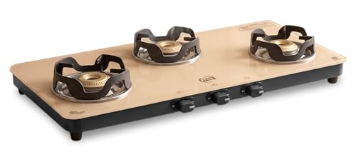 Image of Jyoti Urban Mocha 3 Burner Gas Stove Glass Top | Direct Flame Forged Brass Burners | Beige Toughened Glass with 5-Year Manufacturer Warranty | Easy Clean Drip Tray | ISI Marked