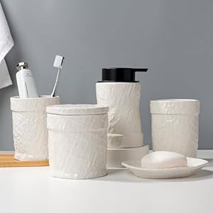 Bathroom Accessories Set with Embossed Design 4PCS, Ceramic White Bathroom Accessory Set Bathroom Toothbrush Holder Set Home Decor, 1 Soap Dispenser 13.5oz, 2 Tumbler Cup, 1 Soap Dish, ANTIS