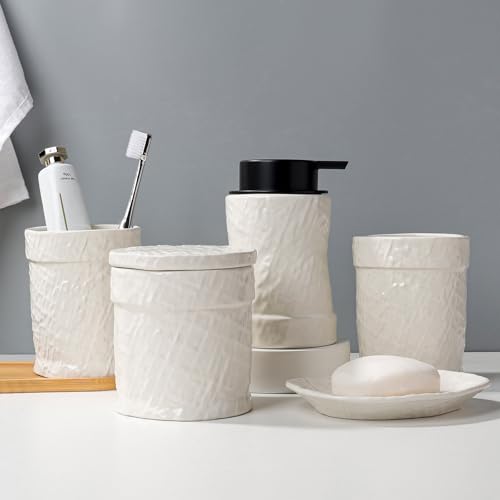 Bathroom Accessories Set with Embossed Design 4PCS, Ceramic White Bathroom Accessory Set Bathroom Toothbrush Holder Set Home Decor, 1 Soap Dispenser 13.5oz, 2 Tumbler Cup, 1 Soap Dish, ANTIS