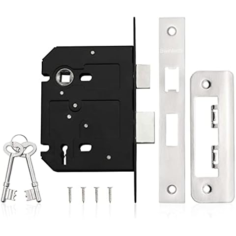 Bwintech 1 pc 3 Lever Satin Nickel Mortice Sashlock 65mm(2.5 inch), Door Lock with Key for Internal and External Doors, Reversible Catch, CE Approved Cover