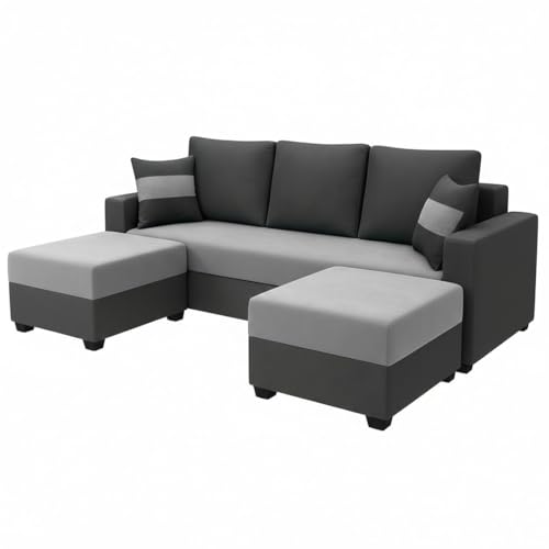 Image of FURNY Aura 5 Seater L Shape Sofa Set with 2 Movable Ottoman | Flexible Left or Right Layout | Plush Velvet Fabric (Light Grey-Dark Grey) | Perfect for Living Room, Guest Room & Office