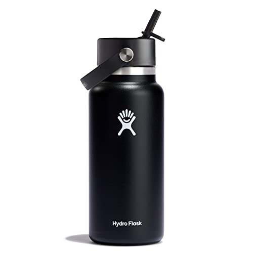Hydro Flask - Water Bottle 946 ml (32 oz) - Vacuum Insulated Stainless Steel Water Bottle with Flex Straw Cap - Wide Mouth - Black