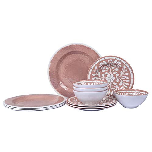Melamine Dinnerware Sets - 12 Pcs Plates and Bowls Set,Unbreakable Dinner Dishes Set for 4,Lightweight, Dishwasher Safe, BPA Free,Indoor Outdoor use, Pink
