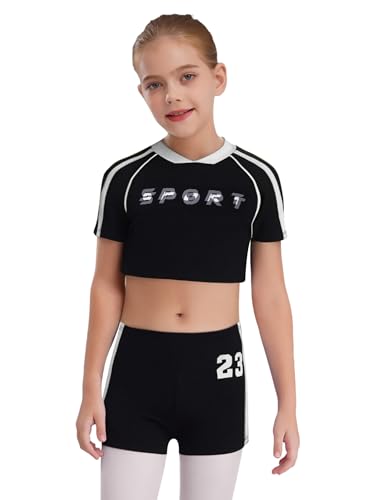 TiaoBug Kids Girls 2Pcs Color Block Yoga Dance Athletic Tracksuit Short Sleeve Crop Top Shirts and Shorts Set