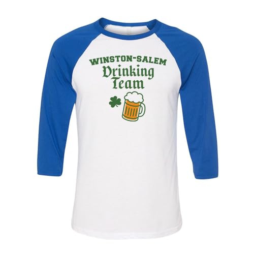 TeesAndTankYou Winston-Salem Drinking Team St. Patrick's Day Three-Quarter Raglan Sleeve Baseball Shirt Unisex 2X-Large White/Royal