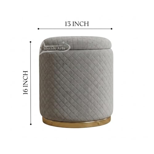 Image of Premium Round Storage Ottoman Stool 13 X 13X 16 inch, with Gold Metal Base | Luxury Pouffe with Hidden Storage | Cushioned Footrest for Living Room, Bedroom & Lounge Grey