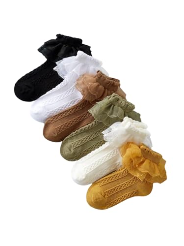 OYOANGLE Girl's 6 Pairs Lace Ruffle Trim Crew Socks Ankle High Textured Knit Cute Socks