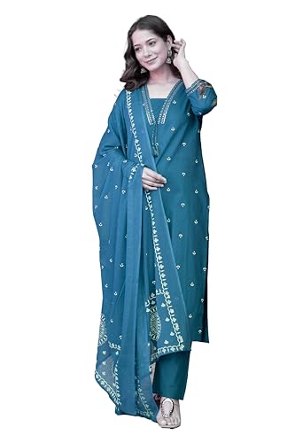 Image of PARTHVI Women's Pure Cotton Printed Straight Kurta Set with Palazzo Pants & Dupatta- Ethnic Wear, Red