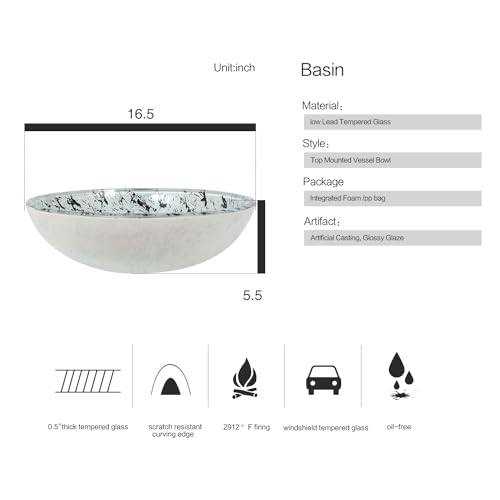 Puluomis Bathroom Vessel Sink, 16.5" Artistic Glass Bathroom Bowl Basin with Faucet, Mounting Ring and Pop Up Drain, White