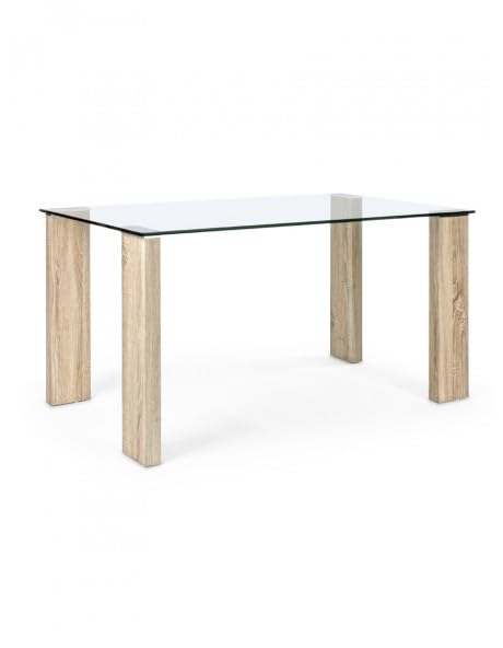 Yellowshop | Tavolo Rettangolare da Pranzo in Vetro temperato 12mm per Studio, Cucina, Soggiorno, Struttura in mdf con finitura Legno Nature, L140xP80xH75 ARLEY