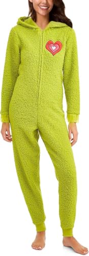 Womens Fuzzy Plush Warm Holiday Hooded Union Suit Pajamas (Green Large)