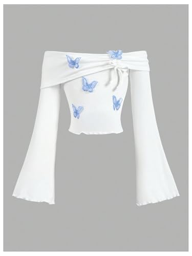 Floerns Girl's Summer Butterfly T Shirts Off Shoulder Flare Sleeve Cute Tee Tops3