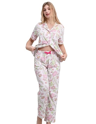 Image of NAP BOUND 100% Cotton Women's Pajama Sets Short Sleeve Button Down Soft Pjs 2 Piece Lounge Set with Pocket Nightwear XS-XXL