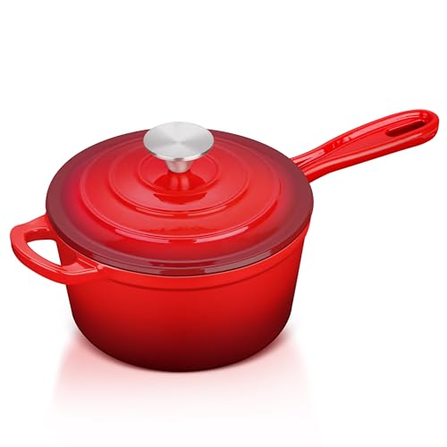 Comparison: Best Cooktop For Cast Iron 10 Enameled Cast Iron Sauce Pan with Lid, Leonyo 1 Quart Saucepan with Lid, Small Enamel Cast Iron Dutch Oven Kitchen Cookware for All Cooktops Cooking Pasta, Soup, Milk - Up to 500°F & 4.4Lbs, Red
