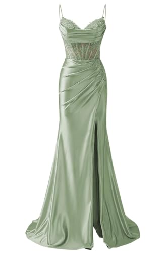 Abiti da damigella d'onore con spalline sottili appliques in pizzo abiti da ballo con fessura formale da sera party maxi abito AH171, Verde salvia, 38