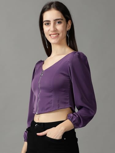 Image of SHOWOFFFF Women Solid Casual Top | V Neck Full Sleeves Crepe Top's for Womens | Regular Fit Regular Length Tops for Women's
