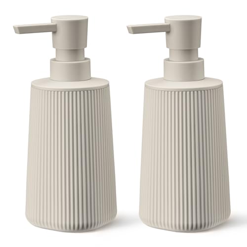 zuxzmj Beige 2 Pack Hand Soap Dispensers Set with No Rust Pump for Bathroom and Kitchen Countertops Refillable Matte Striped Plastic 8.5 oz