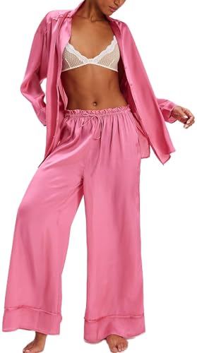 Image of LILTWIST Silk Satin Pajamas Set for Women 2 Piece Floral Pjs Wide Leg Lounge Pants Set Long Sleeve Button down Pj Shirts Set