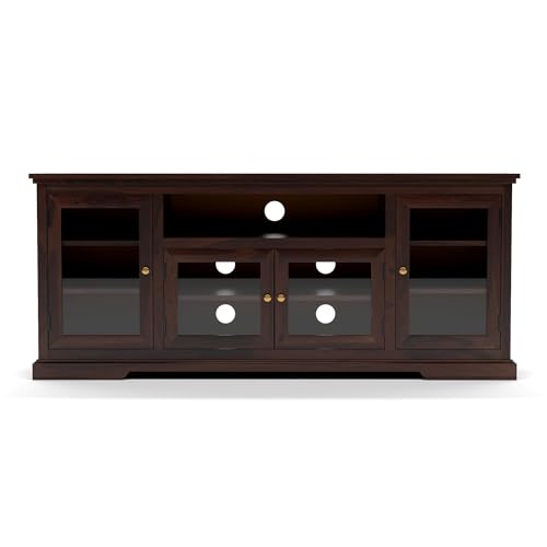Image of Sheesham Solid Wood TV Cabinet for Living Room | Handcrafted Wooden TV Unit with Storage | Elegant Entertainment Stand for Modern Homes (Glass Tv Cabinet, Walnut)