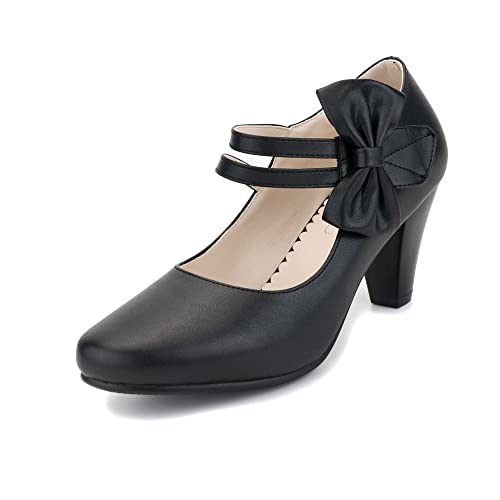100FIXEO Chic Mary Jane Shoes Women Heels and Pumps Ladies Block High Heel Sweet Ankle Strap Dress Pumps Hook and Loop Bow Heels Closed Toe (Black,6)