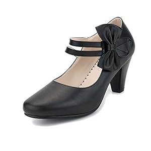 100FIXEO Chic Block High Heel Mary Jane Shoes Women Heels and Pumps Ladies Sweet Ankle Strap Dress Pumps Hook and Loop Bow Heels Closed Toe