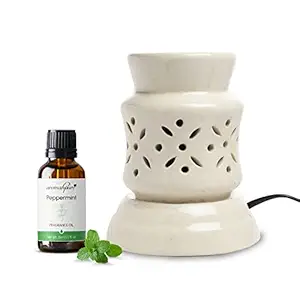 Aromahpure Brown Electric Ceramic Pollar Diffuser 15 ml Fragrance Oil | Peppermint Sensation | Scented Diffuser | Elegant Diffuser for Home, Mandir, Office, Desk Decoratives, Gifting