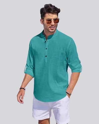 Image of Men's Cotton Blend Straight Kurta Shirt Combo with Mandarin Collar - Slim Fit Casual Short Kurti Set Featuring Textured Slub Fabric and Roll-Up Full Sleeves