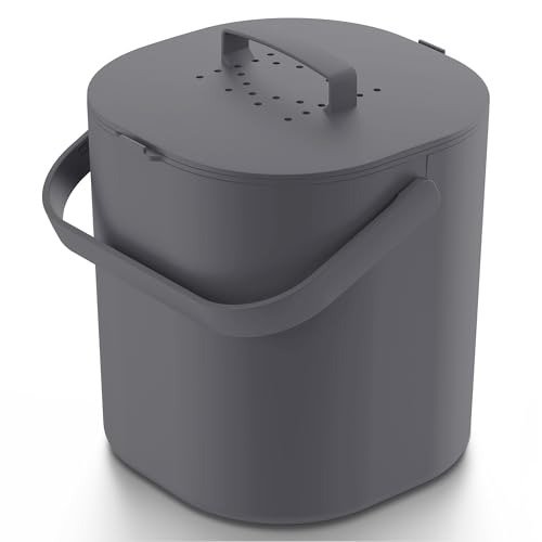 PTMS® Poubelle Compost Cuisine 6L - Seau à Compost avec Filtre à Charbon Actif et Couvercle à accrocher - composteur Cuisine Anti-Odeur, Lavable au Lave-Vaisselle, avec Grille intérieure