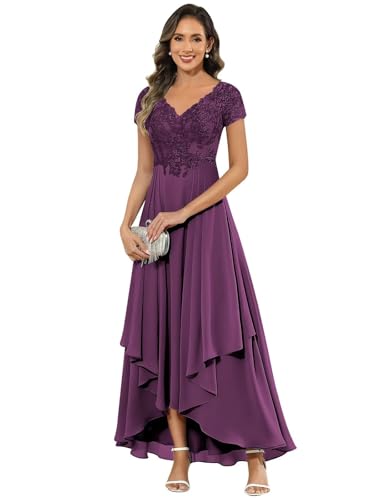 TORYEMY Tea Length Mother of The Bride Dresses for Women Lace Chiffon Formal Evening Dress with Sleeves