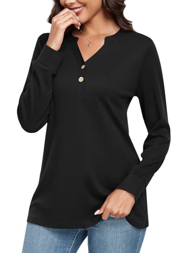 CATHY Womens Long Sleeve Shirts Dressy Casual Henley Tops Fall Fashion 2025 V Neck Button Up Blouses2