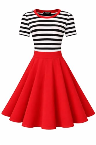 Image of BI.TENCON Women's Striped Pleated Casual A-Line Dresses Knee Length with Pockets
