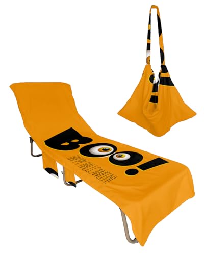 Halloween Beach Chair Towel Covers for Chaise Lounge With Side Pocket, Soft Plush Pool Towels Cover for Patio Sunbathing Outdoor 29''x85'' Orange Spooky Horror Ghost