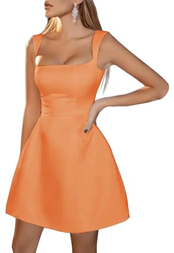 Image of Spaghetti Straps Short Homecoming Dresses Sqaure Neck Satin Mini Cocktail Dress Wedding Party Gowns