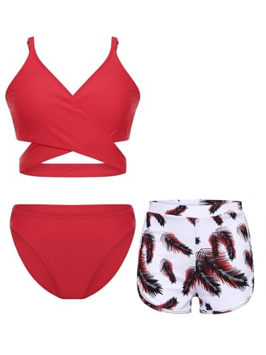 Girl's 3 Piece Bikini Bathing Suit Printed Sport Tankini Swimsuits with Shorts Cove Up Sets
