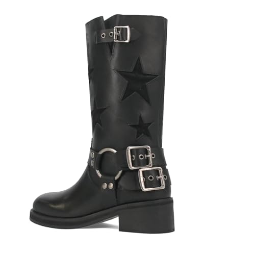 Image of Goolita Women's Buckle Biker Knee High Boots Square Toe Chunky Heel Star Moto Mid Calf Boots Slip On Motorcycle Riding Boot
